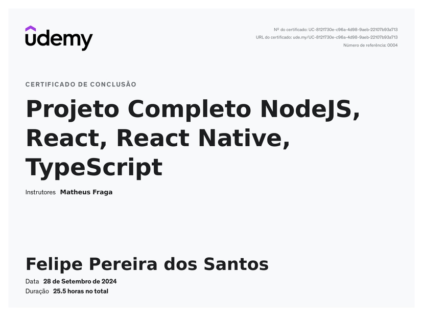 Certificado de Matheus Fraga - Full Stack, Node e React
